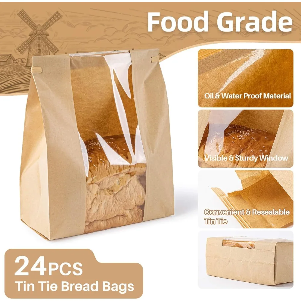 24pcs Paper Bread Bags Versatile Homemade Sourdough Bread Toast Wire Seal Storage Bags with Window for Home Bakery Essential