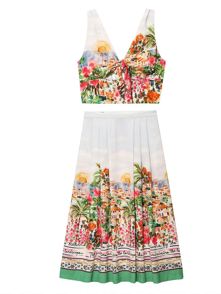 

European style new women's fashion versatile temperament printed knot V-neck backless design top skirt suit