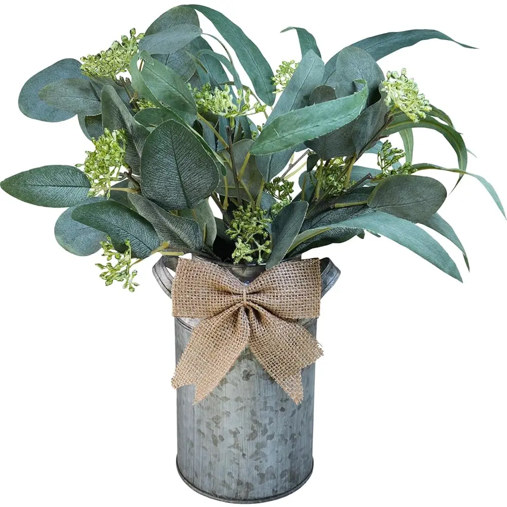 

Farmhouse Galvanized Metal Milk Can With Artificial Seeded Eucalyptus Leaves Stems Greenery Arrangement 13.8""Tall For Country