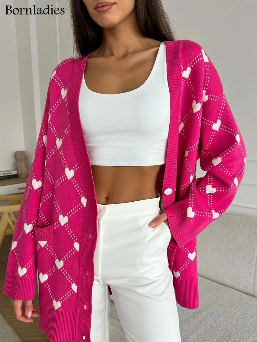 Bornladies Women Pink Hearts Print Oversize Cardigan Soft V-neck Thiick Knitted Jacket Winter Button Vintage Cardigan for Women