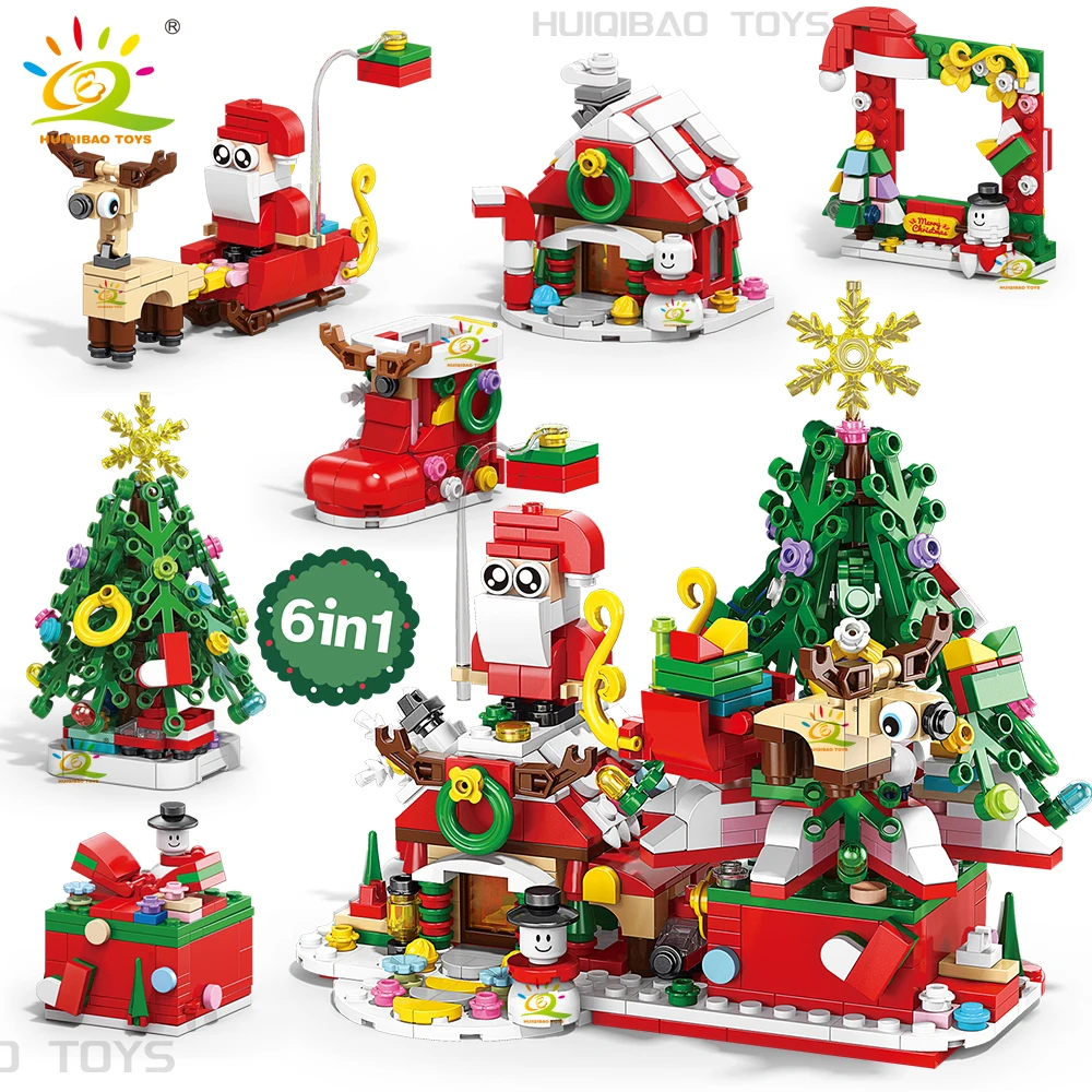 HUIQIBAO 6in1 Christmas Tree Santa Claus Snowhouse Model Building Block DIY Elk Snowman Train Bricks Ornament Toys Adult Gift