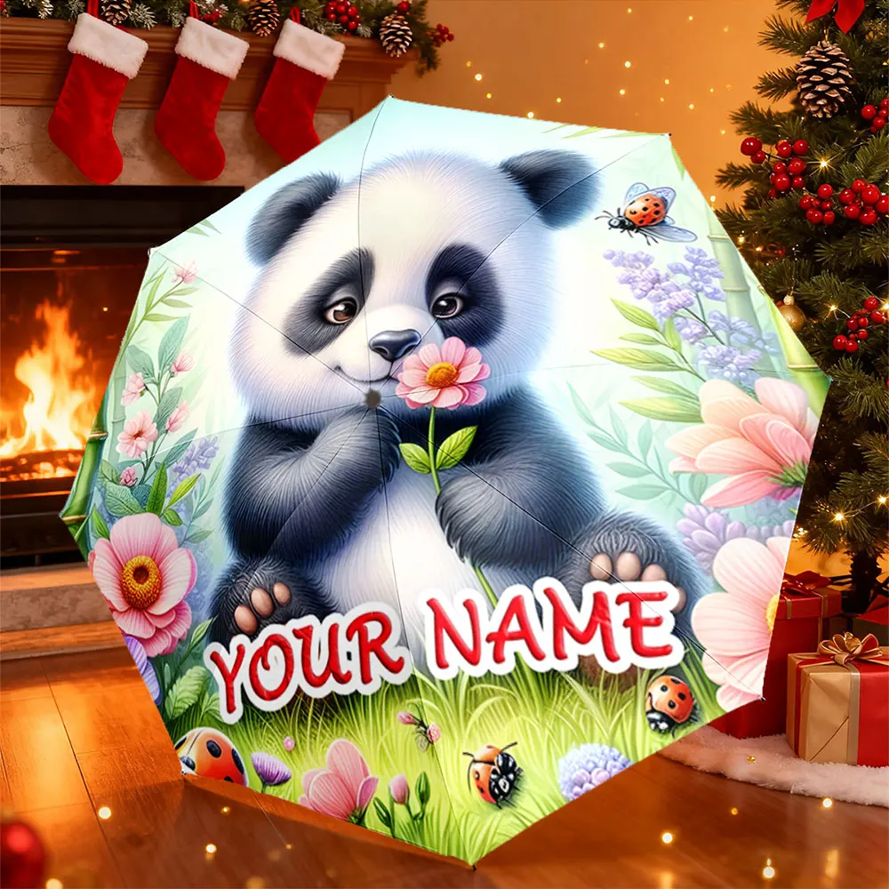 Custom Name Umbrella， Cute Panda with Flowers and Ladybugs Cartoon Design Umbrella ,Portable Folding Umbrella, Christmas Gift