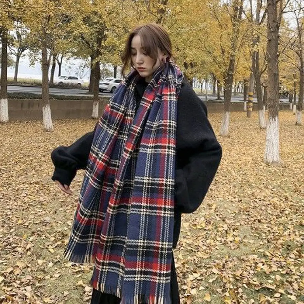 Warm Shawl Double-Sided Cold-proof Houndstooth Plaid Neckerchief Christmas Muffler Wrap Women Scarf