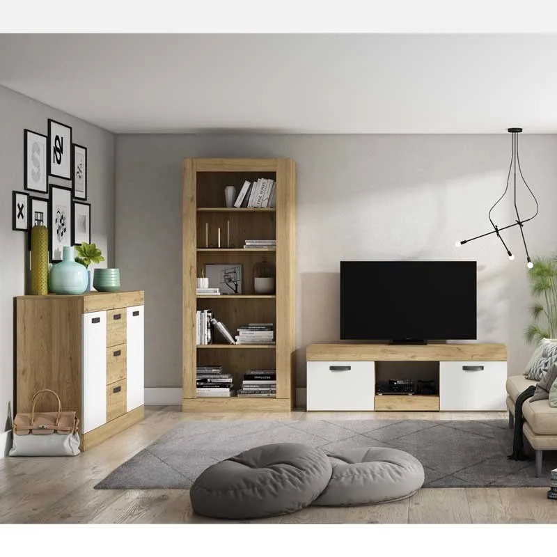 Living room furniture modern style Argos matte white Color and Naturale (TV table + sideboard + shelf)