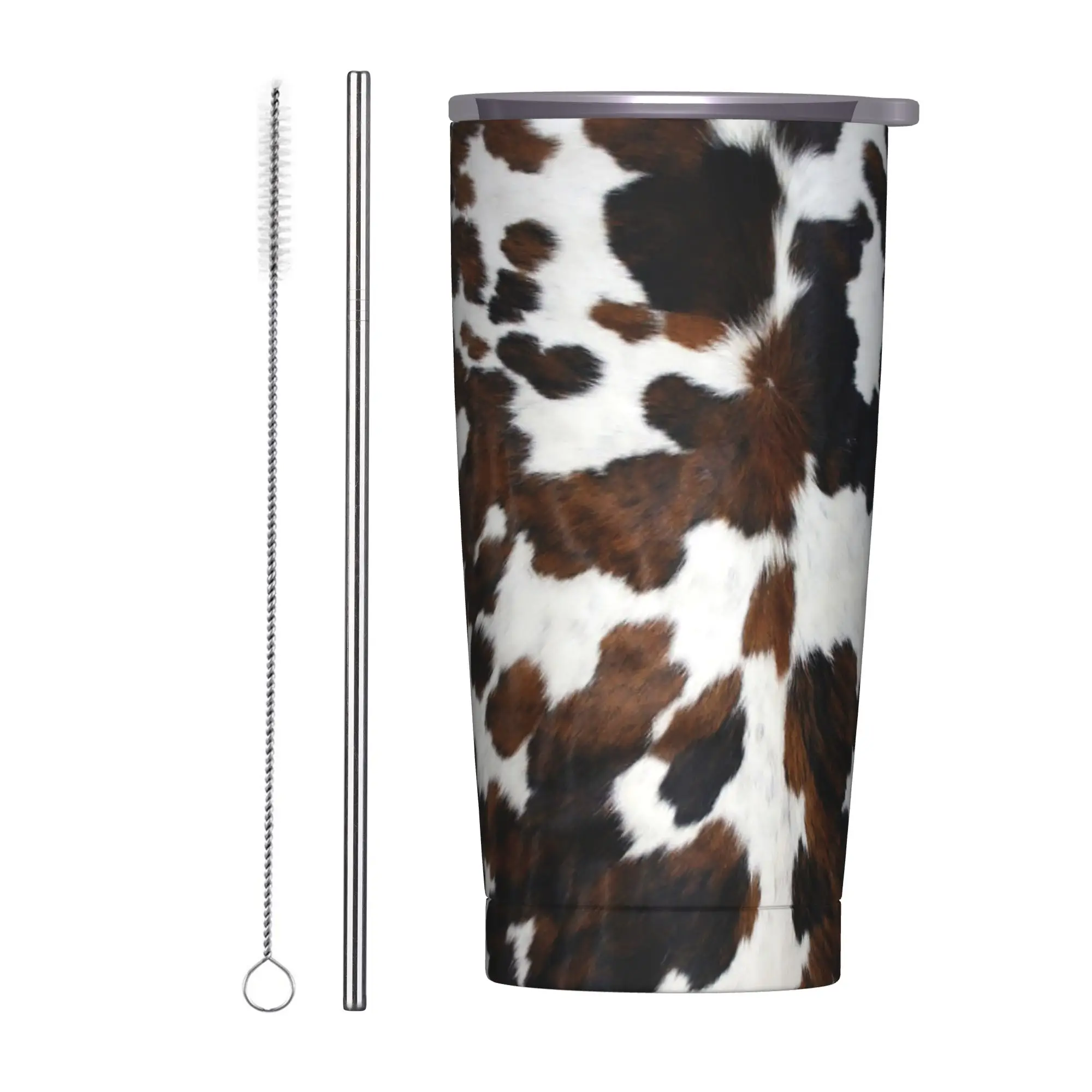 Cowhide Tan Texture Tumbler Vacuum Insulated Animal Fur Leopard Thermal Cup Stainless Steel Smoothie Tea Mug Water Bottle, 20oz