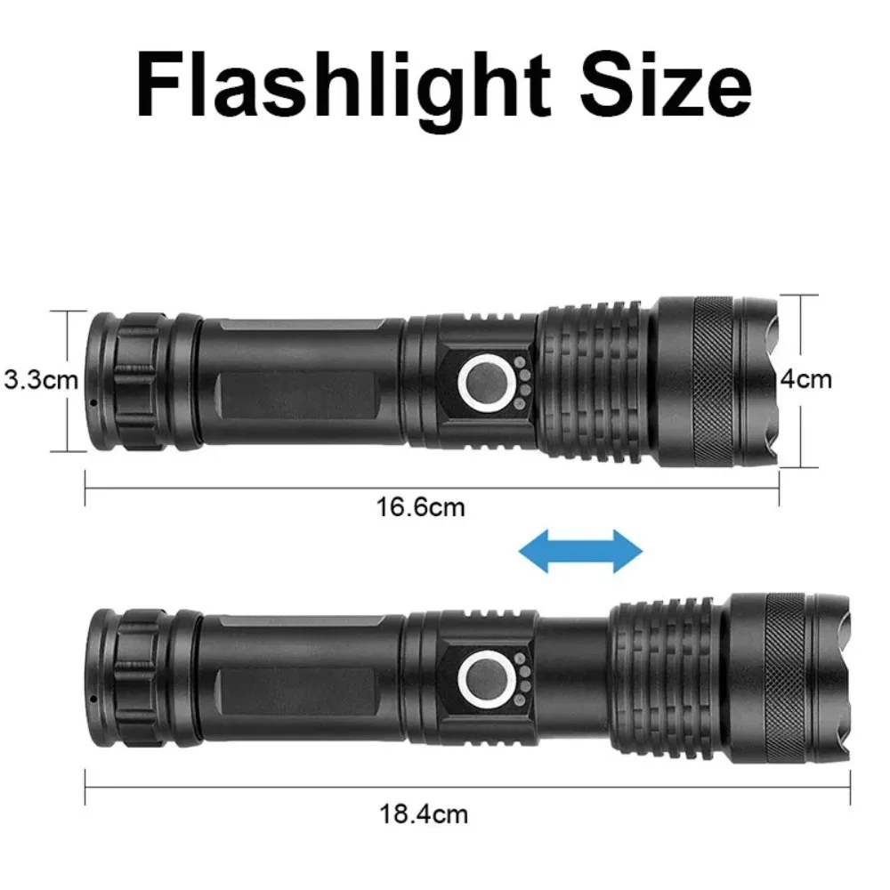 High Power LED Flashlight USB Rechargeable 5 Mode Aluminum Alloy Telescopic Zoom Torch Tactical Lamp for Outdoor Camping Fishing view 6
