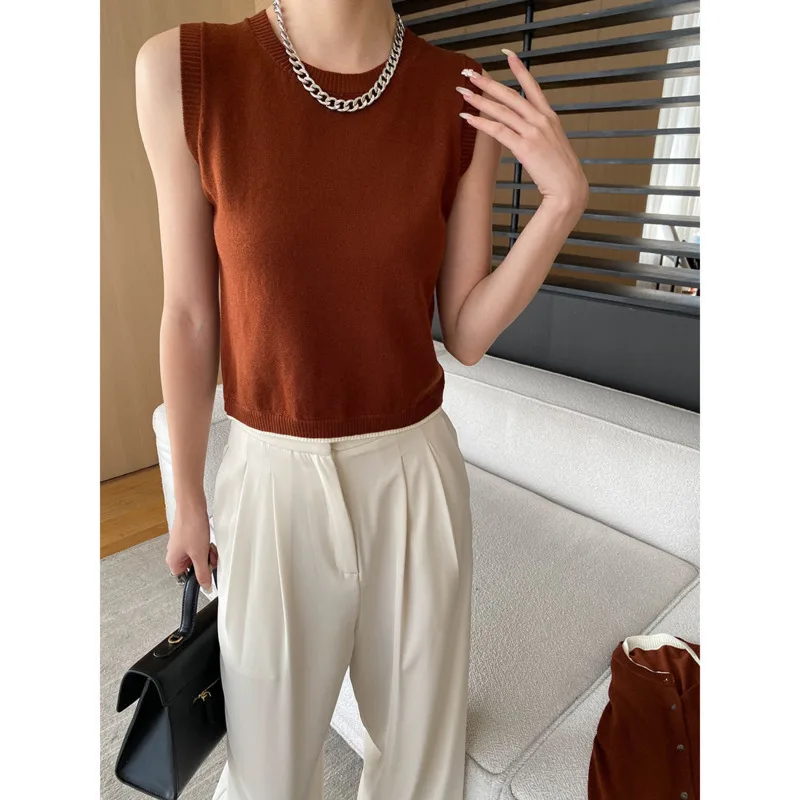 Autumn Two-piece Set Color Block Knitted Cardigan Vest Women Single Breasted Round Neck Sweater Coat Tops