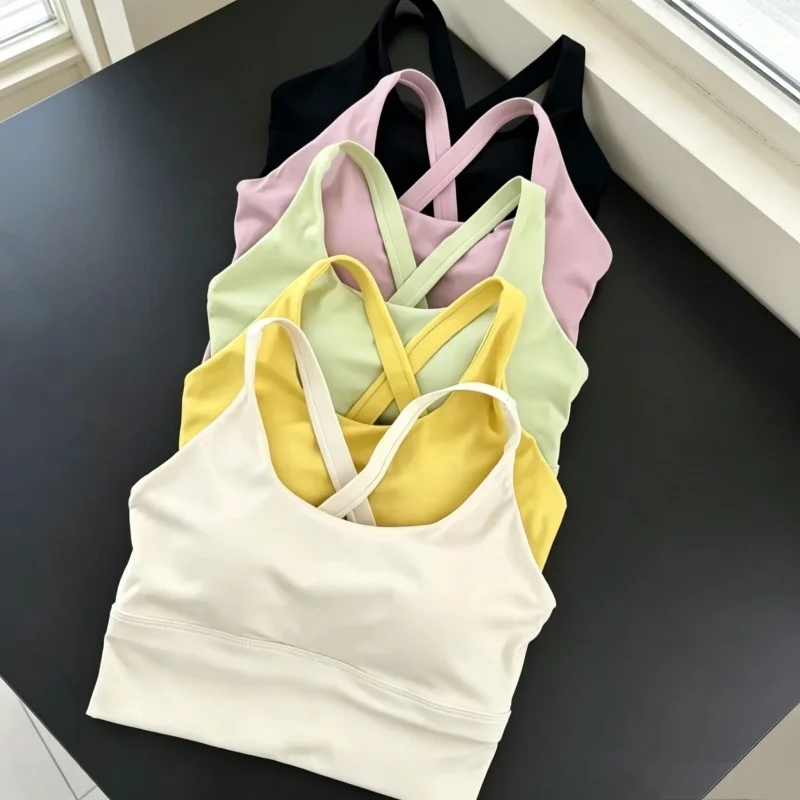 Cross Back Sports Bra Women Fixed Cup Shockproof Breathable Seamless Quick Dry Yoga Vest Pilates Gym Workout Top