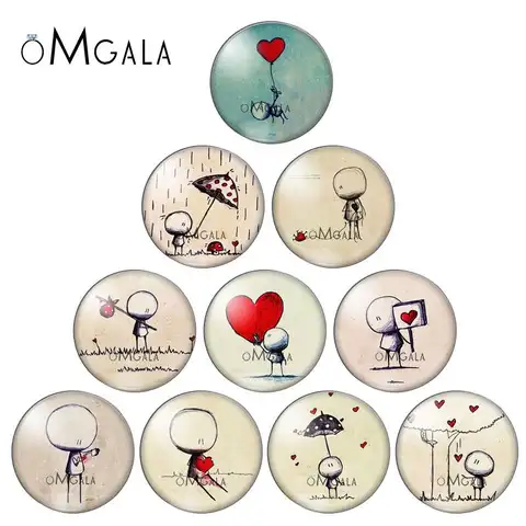 둥근 사진 유리 카보숑 데모 플랫 백, 인형극과 사랑 하트의 간단한 그림, 12mm, 18mm, 20mm, 25mm, 10 개