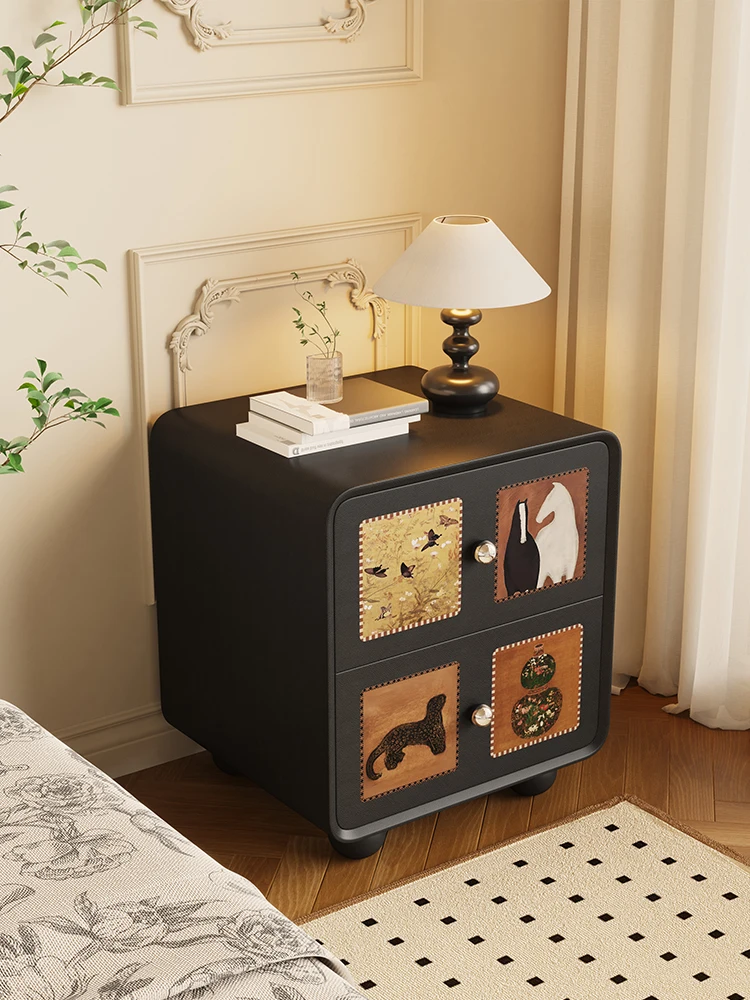 خزانة بجانب السرير إبداعية عتيقة لغرفة النوم المنزلية، خزانة تخزين سوداء، طاولة بجانب السرير من الخشب الصلب #4