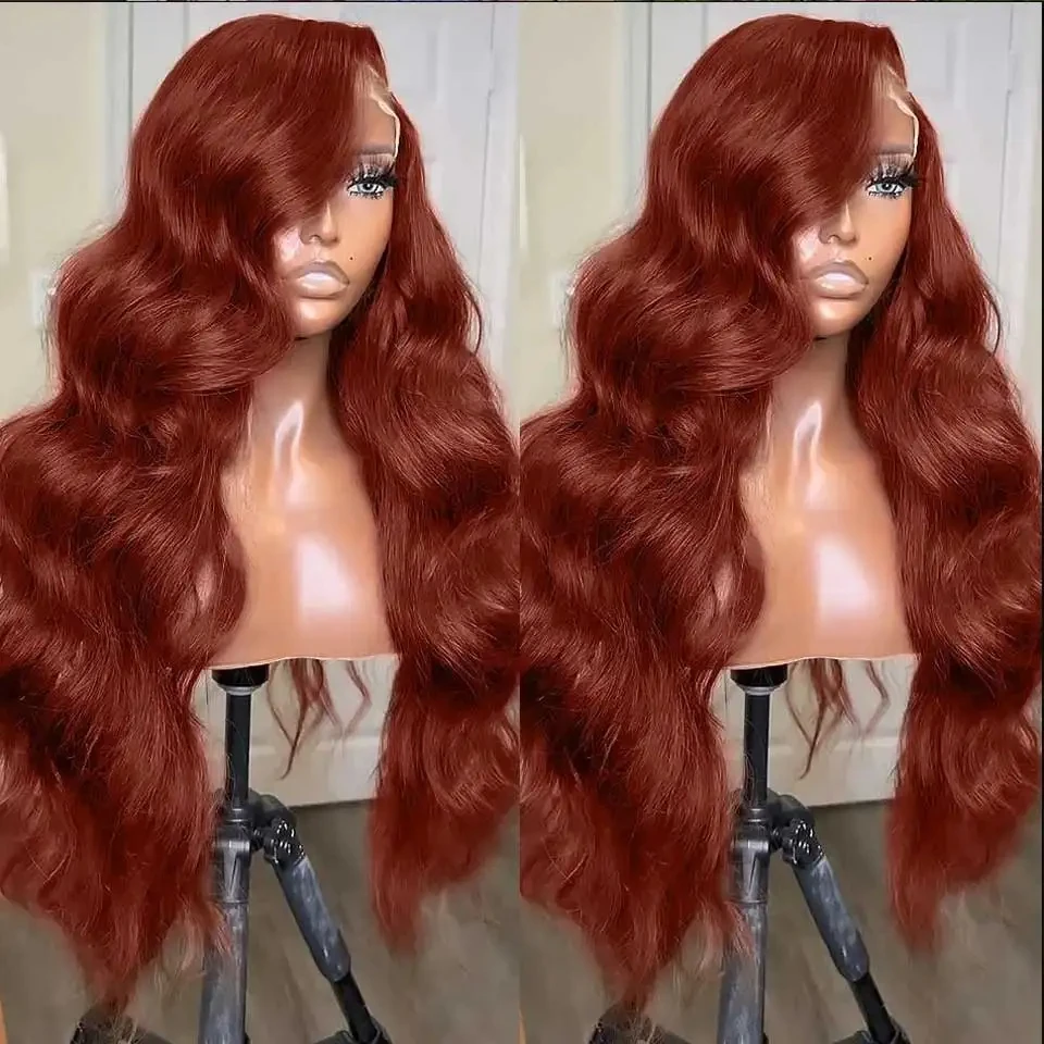 Прозрачный HD кружевной фронтальный парик с плотностью 250 % — предварительно выщипанные бразильские объемные человеческие волосы красновато-коричневого цвета для женщин.