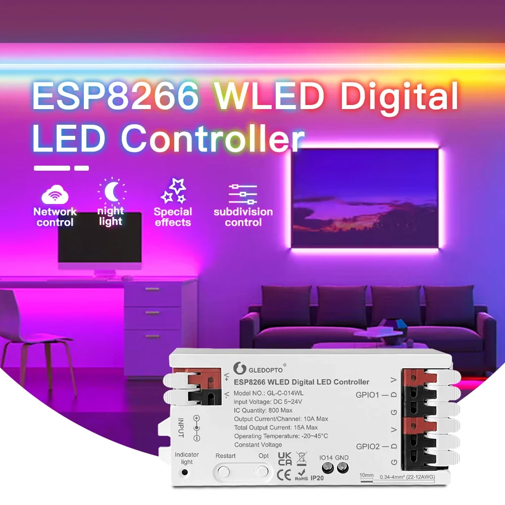 

Контроллер GLEDOPTO ESP8266 WLED LED для динамической RGB-подсветки 800IC с управлением через приложение для лент WS2811, WS2812, SK6812, TM1814, WS2813, WS2815