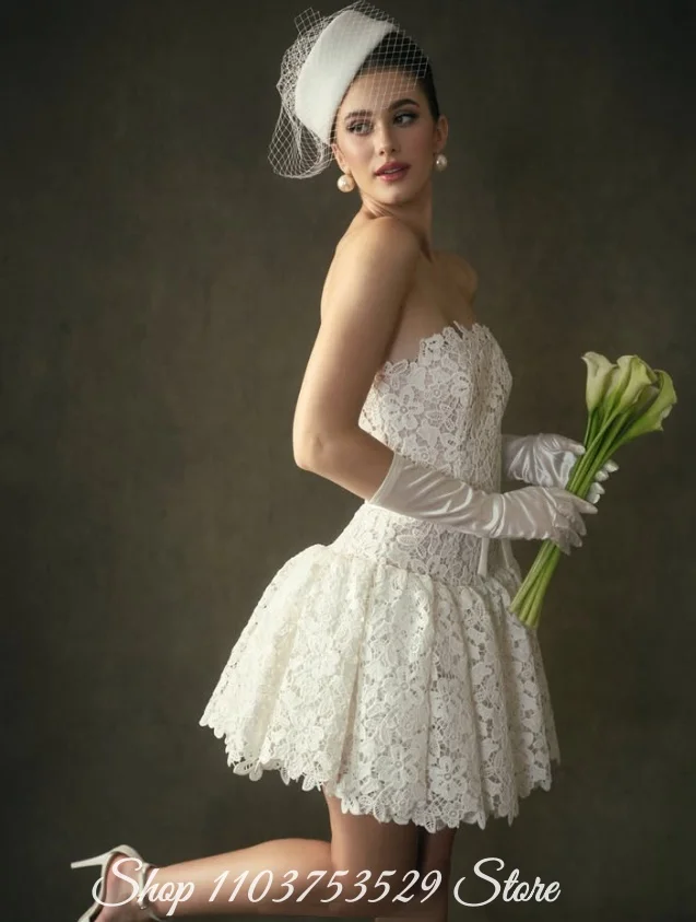 Ivory Vintage Strapless Lace Short Lightweight Wedding Dress Customized Civil Ceremony Dress Photo Shoot Dress Bridesmaid Dress