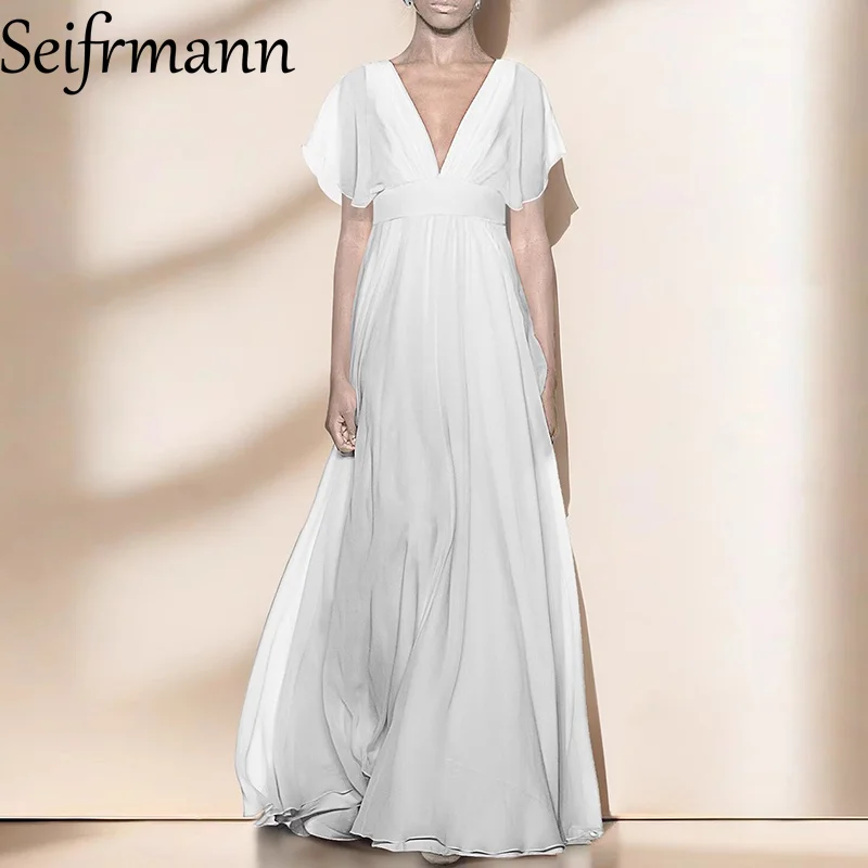 

Seifrmann Solid Short Sleeve Slim Maxi Dress For Women V-Neck Elegant Long Dresses Club Party Clothes Spring Summer 2025 New