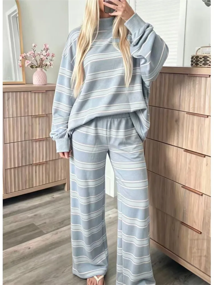 Hooded Striped Pajamas Long Sleeved Top Wide Leg Pants Set 2026 Spring And Autumn New Item Drawstring Casual Women's 2-piece Set