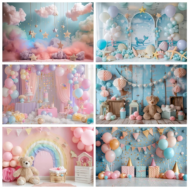 

Newborn Baby Birthday Photography Background Hot Air Balloons Bear Baby Shower Cake Smash Party Decor Background Studio Props