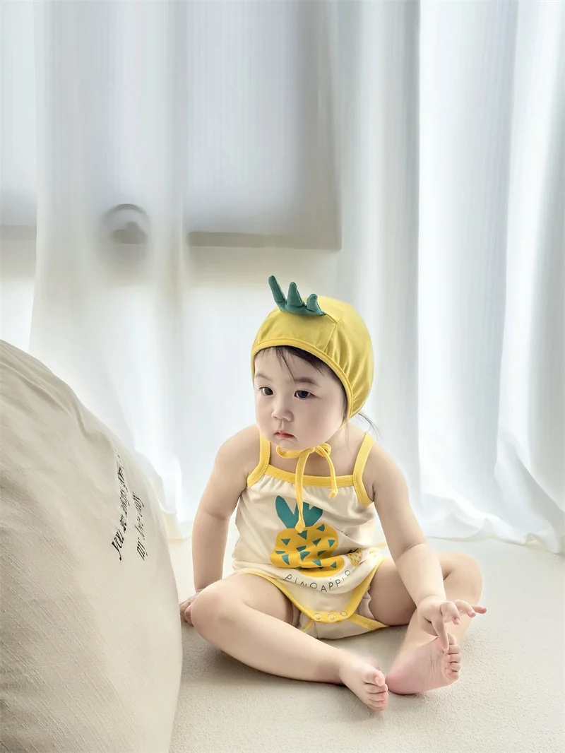 

Funny Pineapple Newborn Baby Clothes Boy Girl Bodysuits ropa de bebe Short Sleeves Headband Cotton Baby Romper Sling Korean Baby