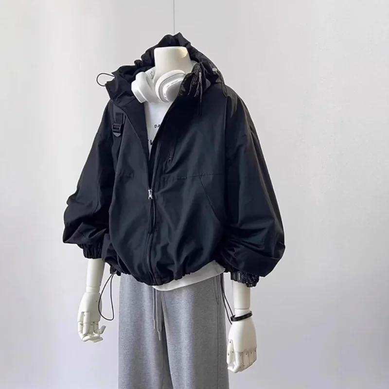 

Модная короткая куртка на шнурке, женская весна 2024, уличная ветрозащитная куртка с длинным рукавом и застежкой-молнией, повседневная верхняя одежда с капюшоном