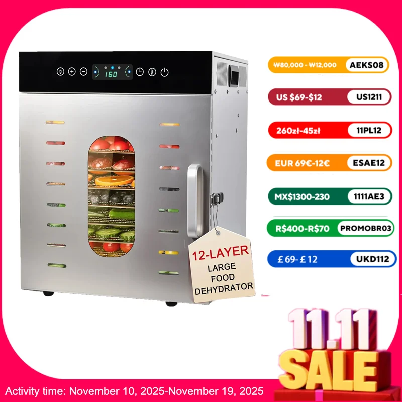 

12-Tray Commercial And Household Food Dehydrator | Stainless Steel 304 | 1000W Industrial Grade 30~90℃ Dehydrator for Jerky