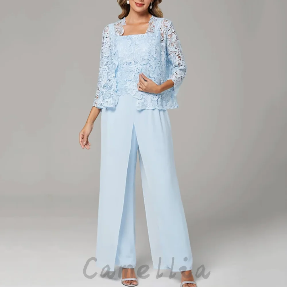 Abiti da cerimonia per la madre della sposa in tre pezzi personalizzati in chiffon Abiti vintage in pizzo con giacca Abiti casual invitée mariage