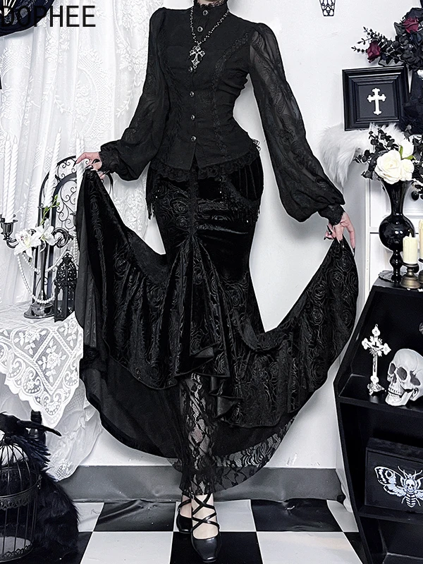 Dark Gothic Hot Chick Subculture Sets Luxury Palace Lace Long Sleeve Stand Collar Shirt Top Women High Waist Slim Mermaid Skirt