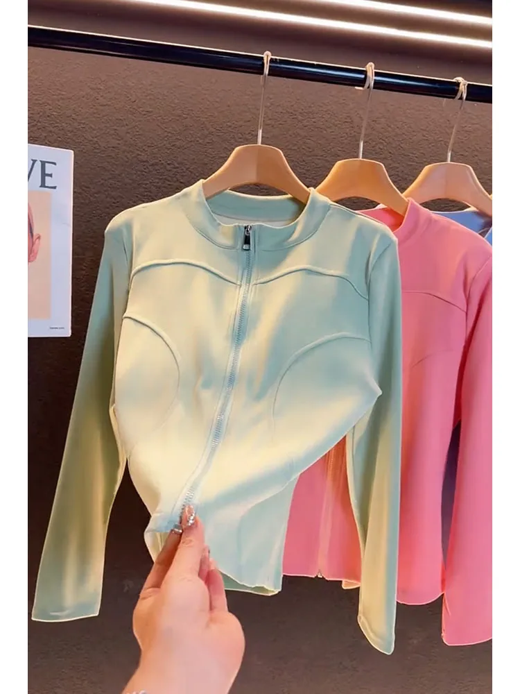 

Женская тонкая толстовка для йоги с воротником-стойкой, приталенная, для весны и осени, универсальная, для отдыха и повседневной носки