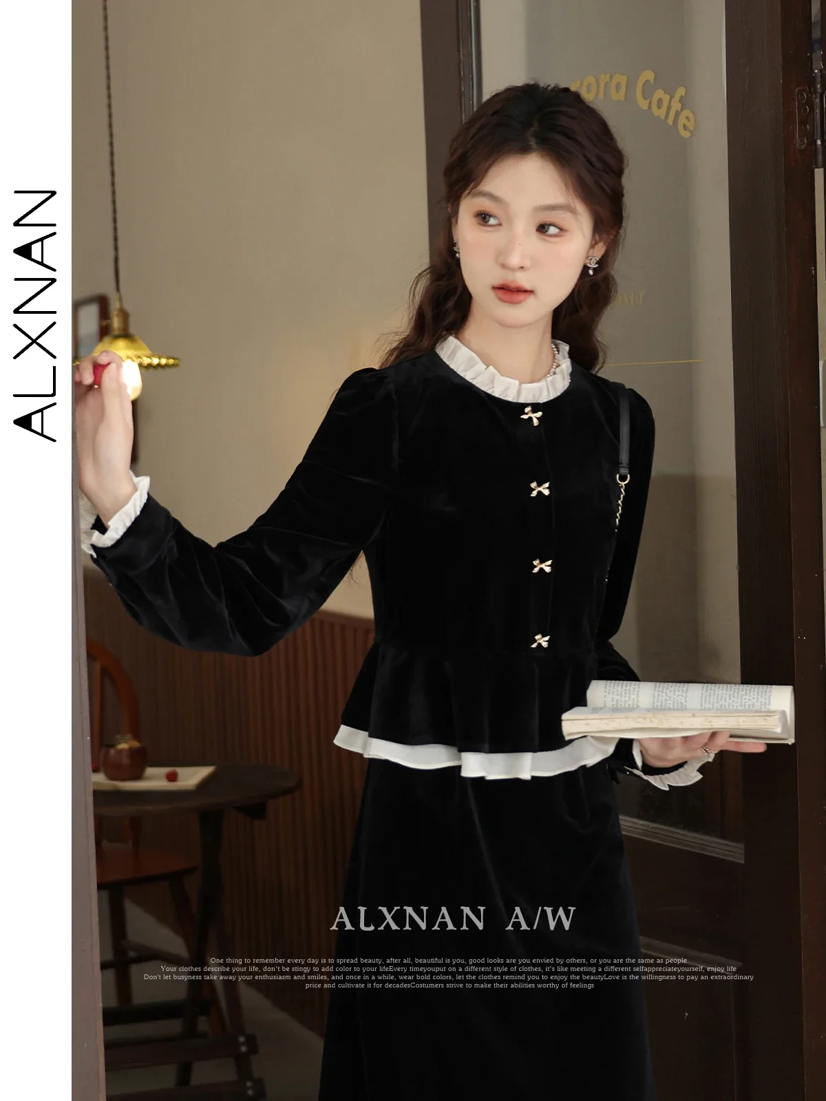 ALXNAN Black Fake 2 Piece Velvet Dress for Woman 2024 Autumn Winter Elegant Patchwork Long Sleeve Dress Sold Separately L33017