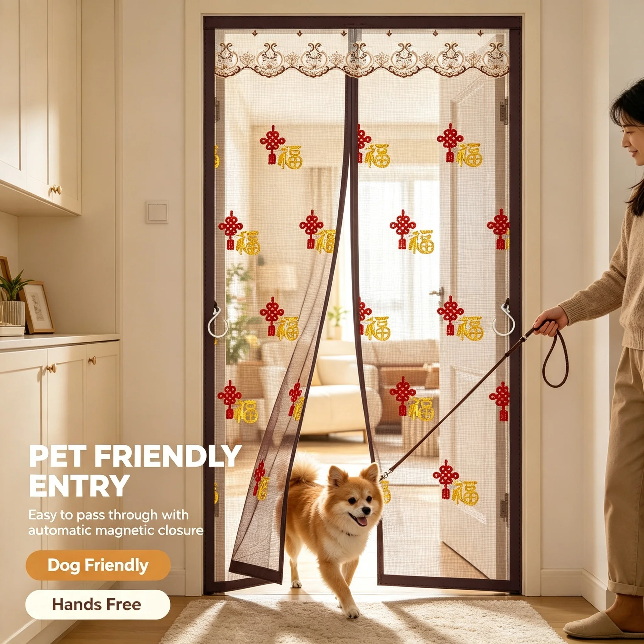 Chinese Knot Blessing Fu Embroidery Anti Mosquito Door Curtain, Pet Scratch Resistant Magnetic Auto Close Screen Door