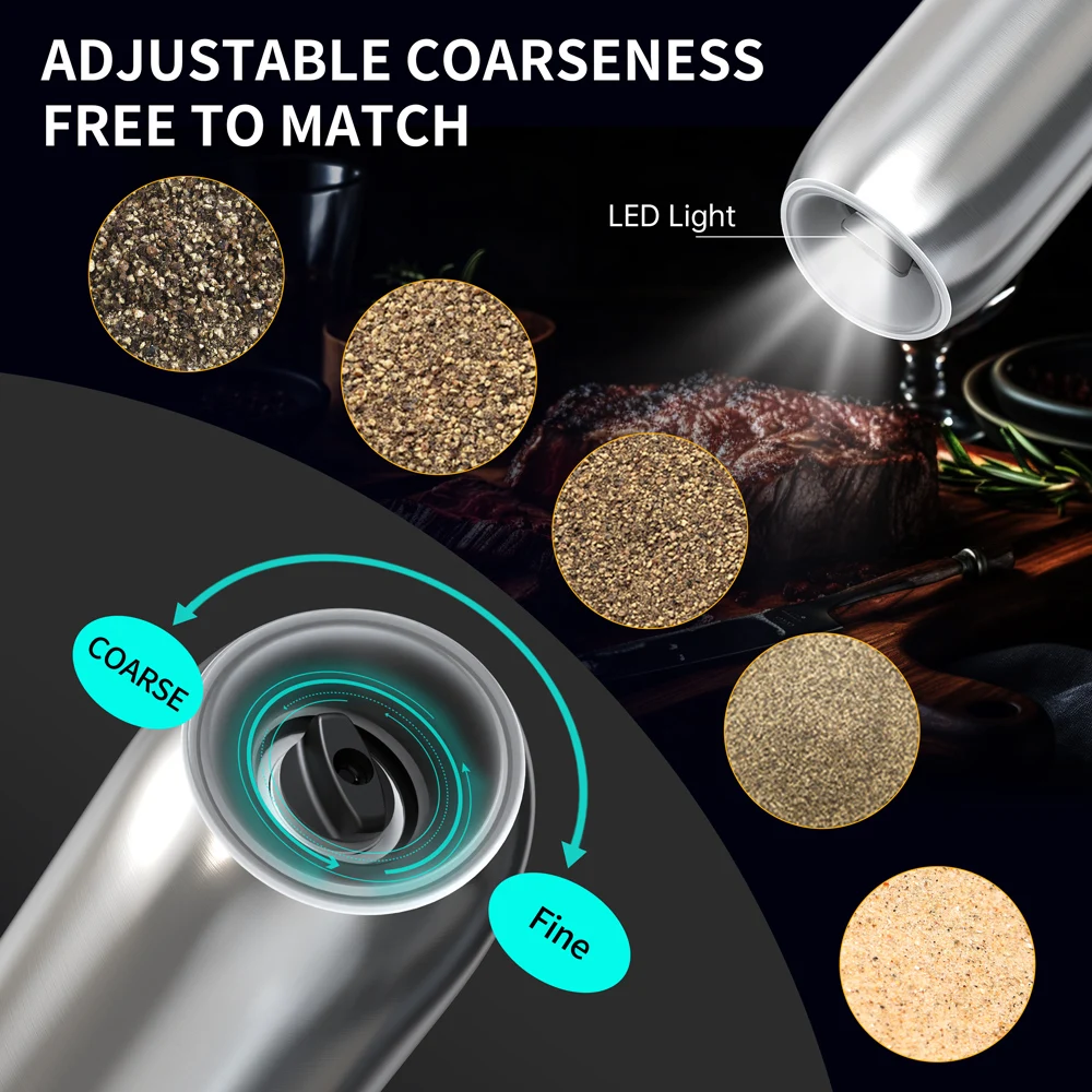 176 مللي مطحنة فلفل كهربائية بمستشعر الجاذبية من الفولاذ المقاوم للصدأ مطحنة ملح وفلفل أوتوماتيكية أدوات مطحنة خشونة قابلة للتعديل