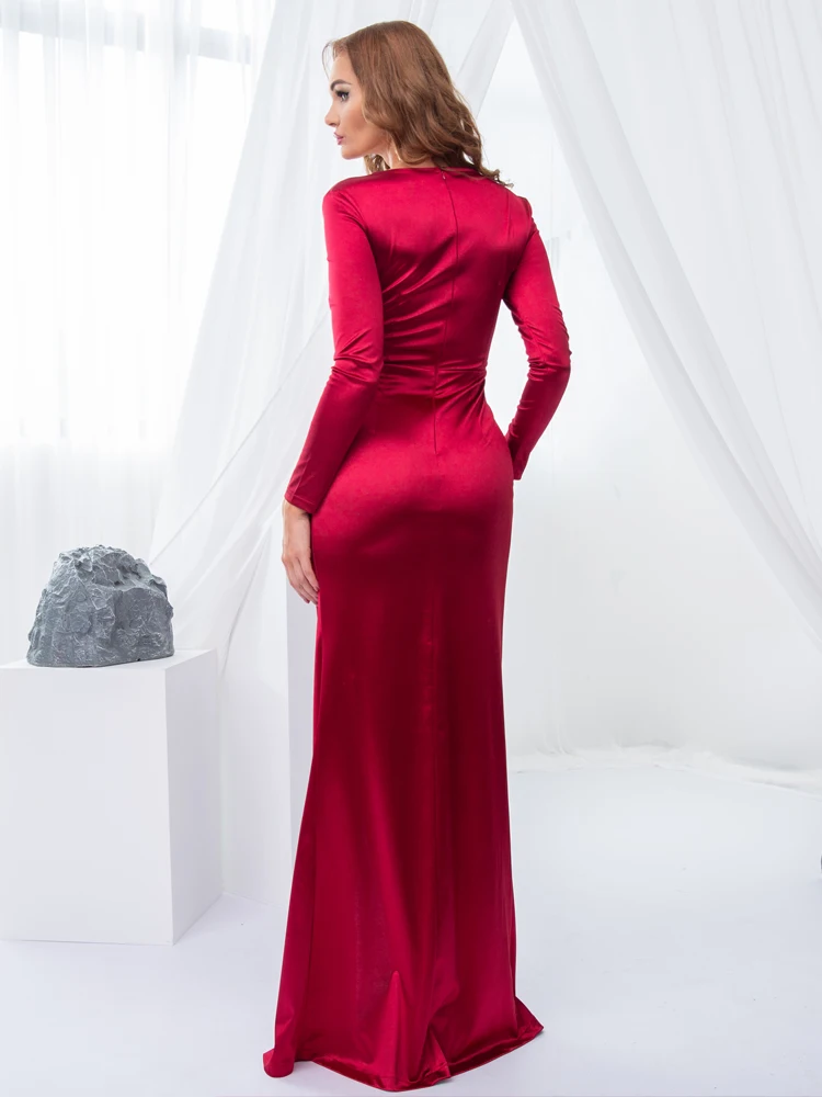 Deep V Neck Ruched Long Stretch Satin Plain Dress Full Sleeved Front Split Floor Length Sexy Evening Party Dress