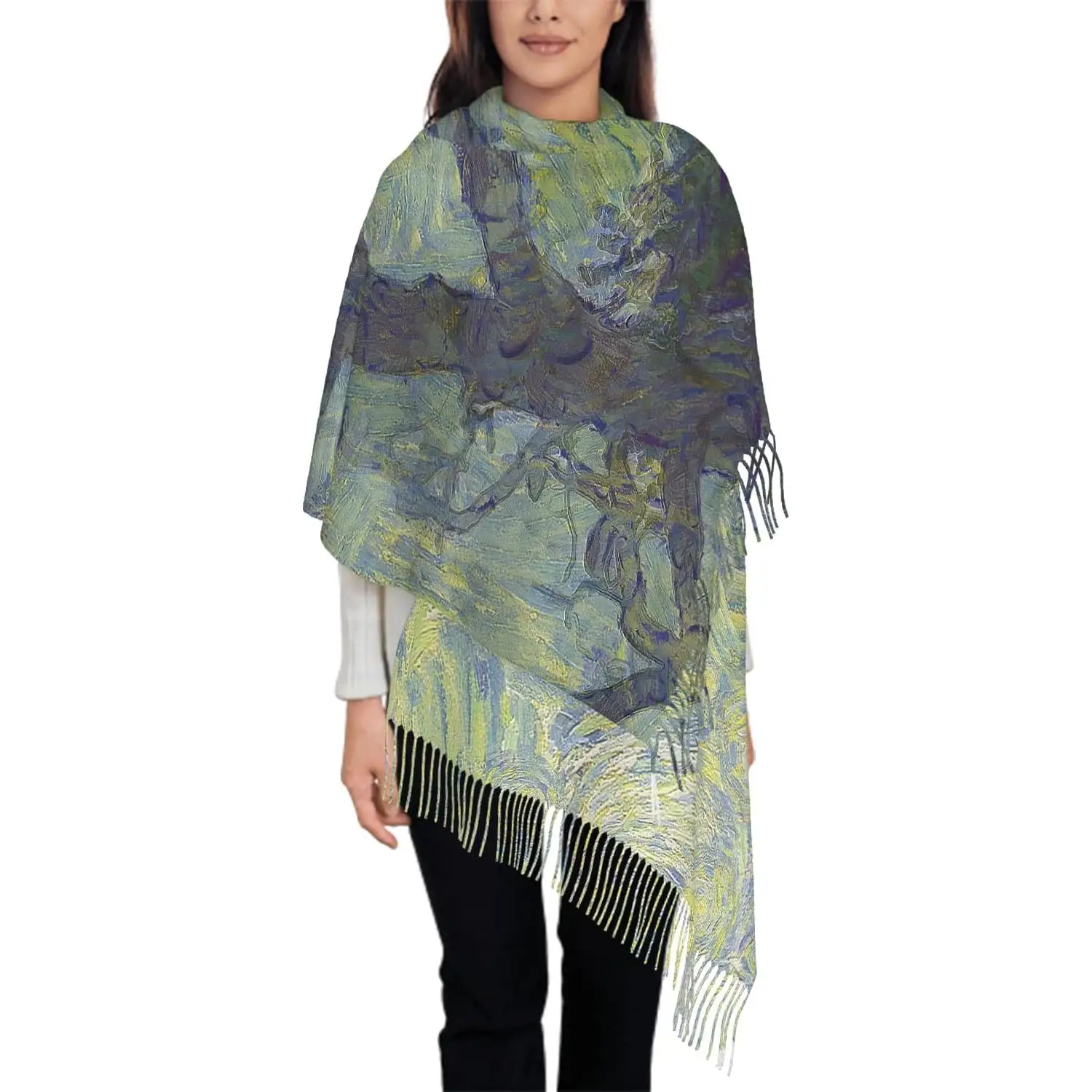 

Шарф оверсайз для женщин, клетчатый клетчатый зеленый, синий шарф, шарфы с кисточками, осенне-зимняя шаль, накидки