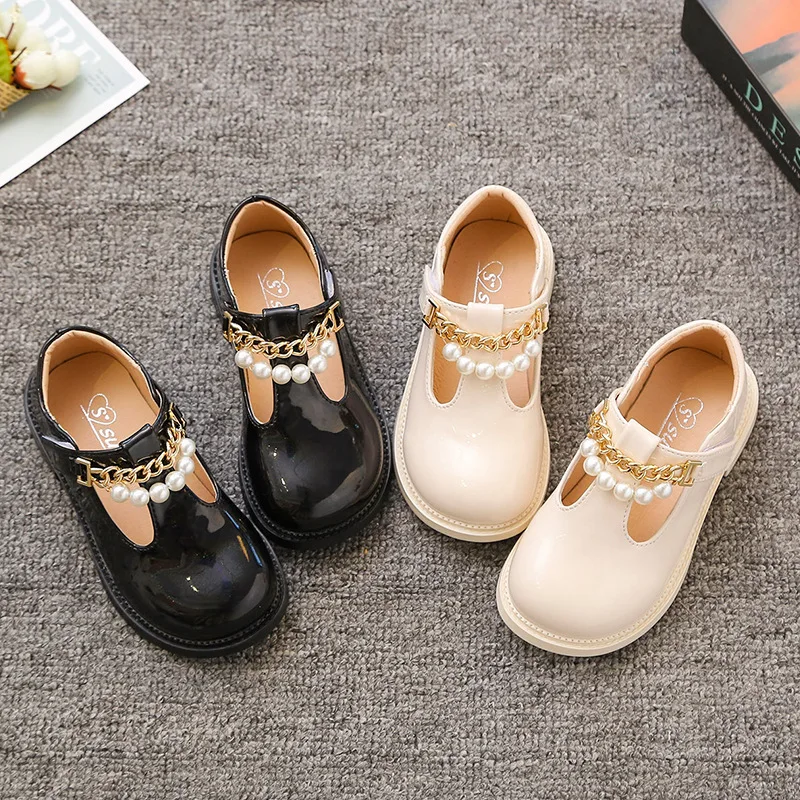 New Autumn Baby Girls Chain Princess Shoes Children Brand Pearl Flats Toddler Black Shoes Kids Dress Flats Soft Shoes Mary Jane