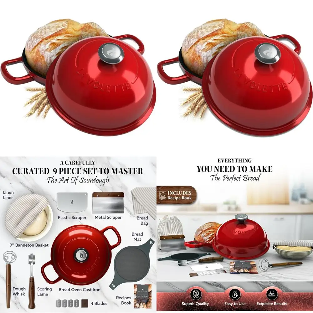 

9-Piece Enamel Cast Iron Bread Baking Set | 10 Oven with Lid, Silicone Mat & Banneton | Red