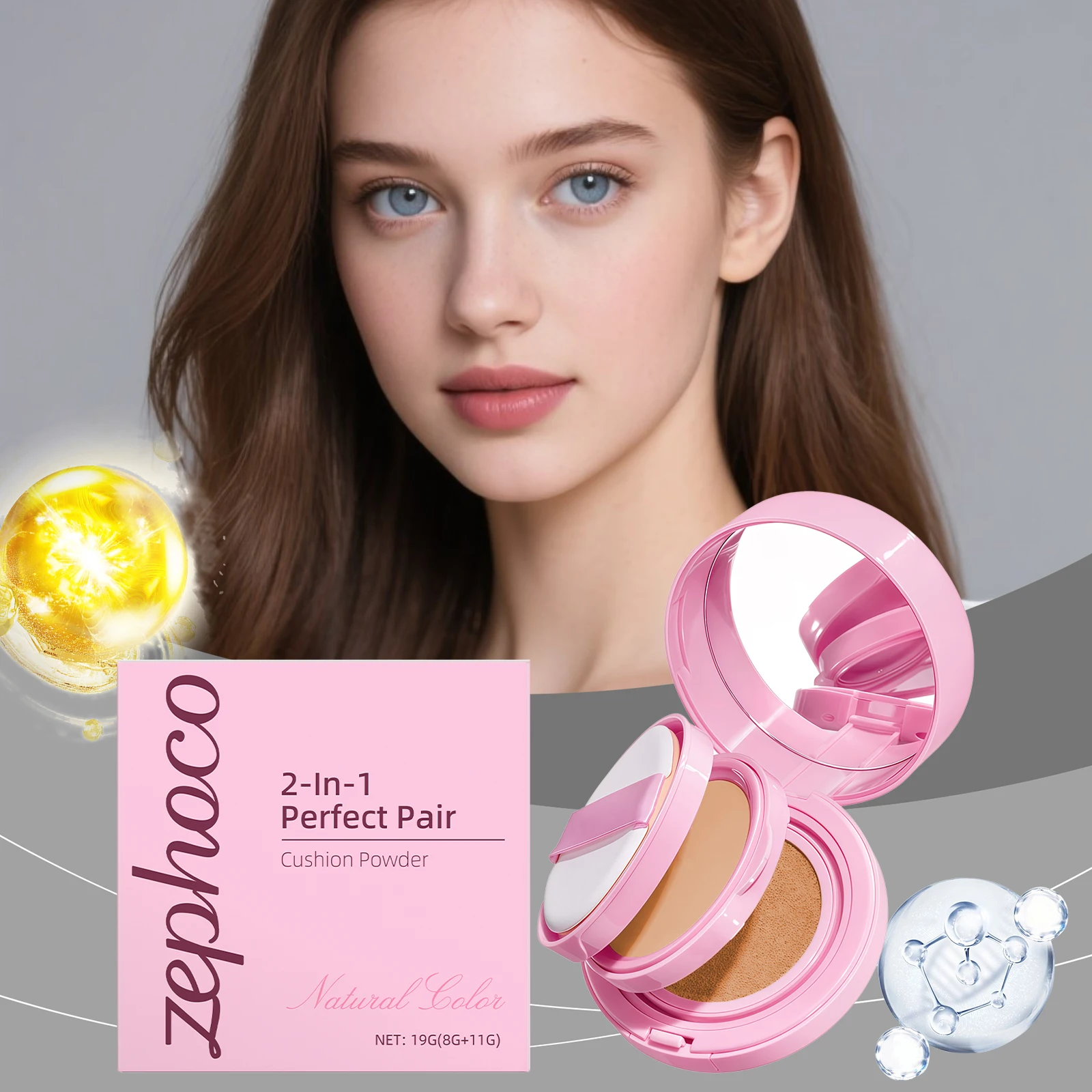 2-In-1 Cushion Compact Series, Sheer Foundation, Hydrating Lightweight, Skin-fit, All-Day Long Wear, Natural Nude, Concealer