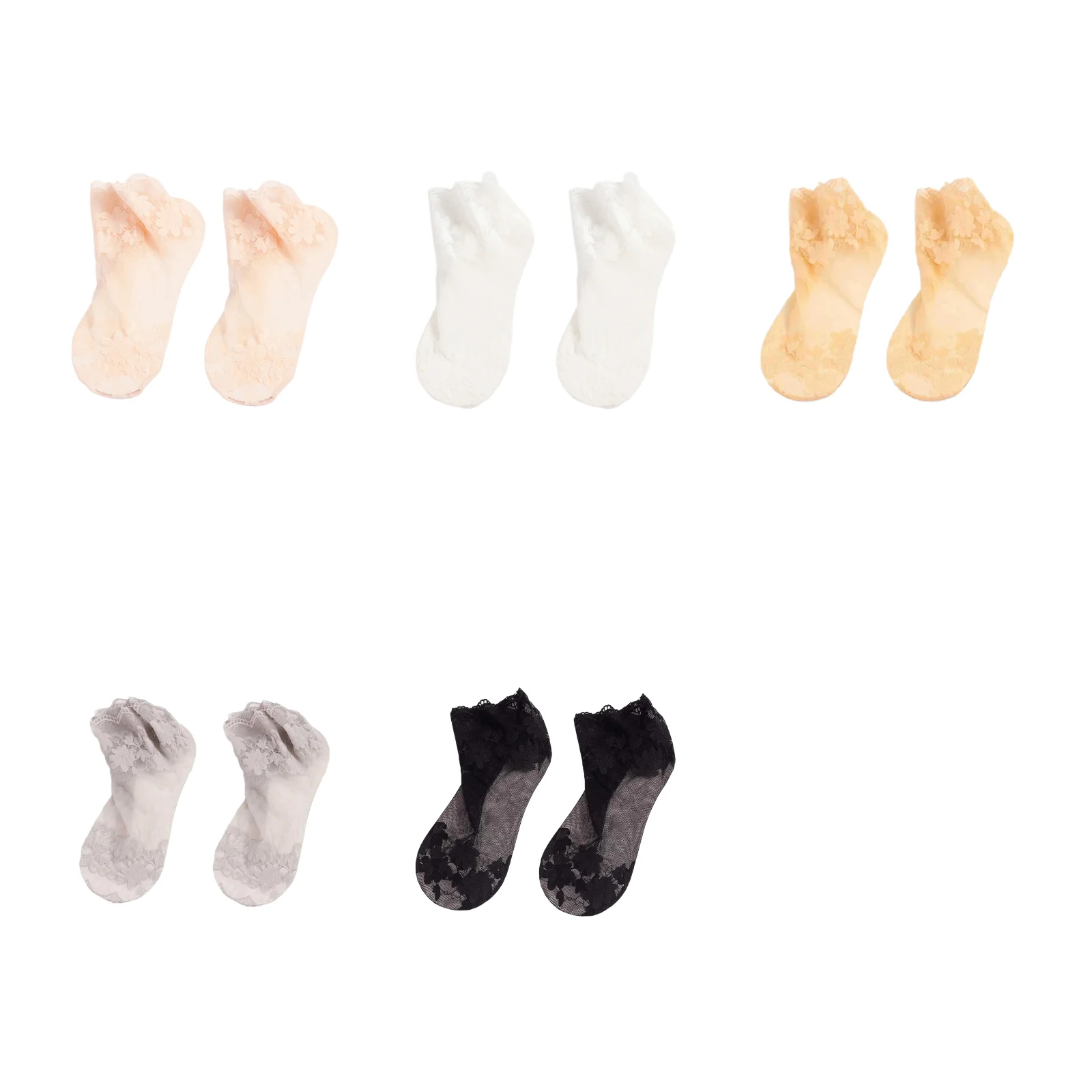 

5 пар летних тонких кружевных женских носков на хлопковой подошве (розовые + белые + светло-телесные + серые + черные)