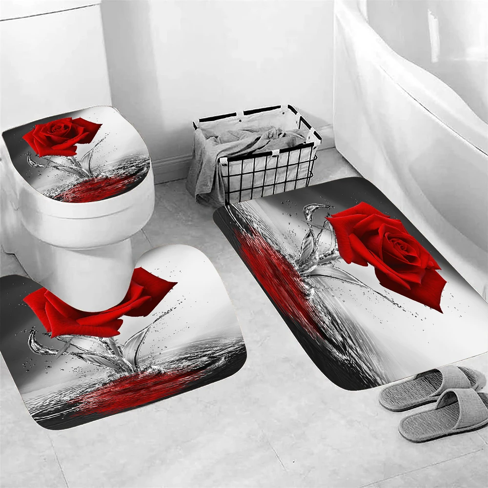 Red Rose Set of 3 Bathroom Bath Mat Set Soft Non Slip Mat Bathroom Rug Absorbent Shower Carpets Toilet Lid Cover Floor