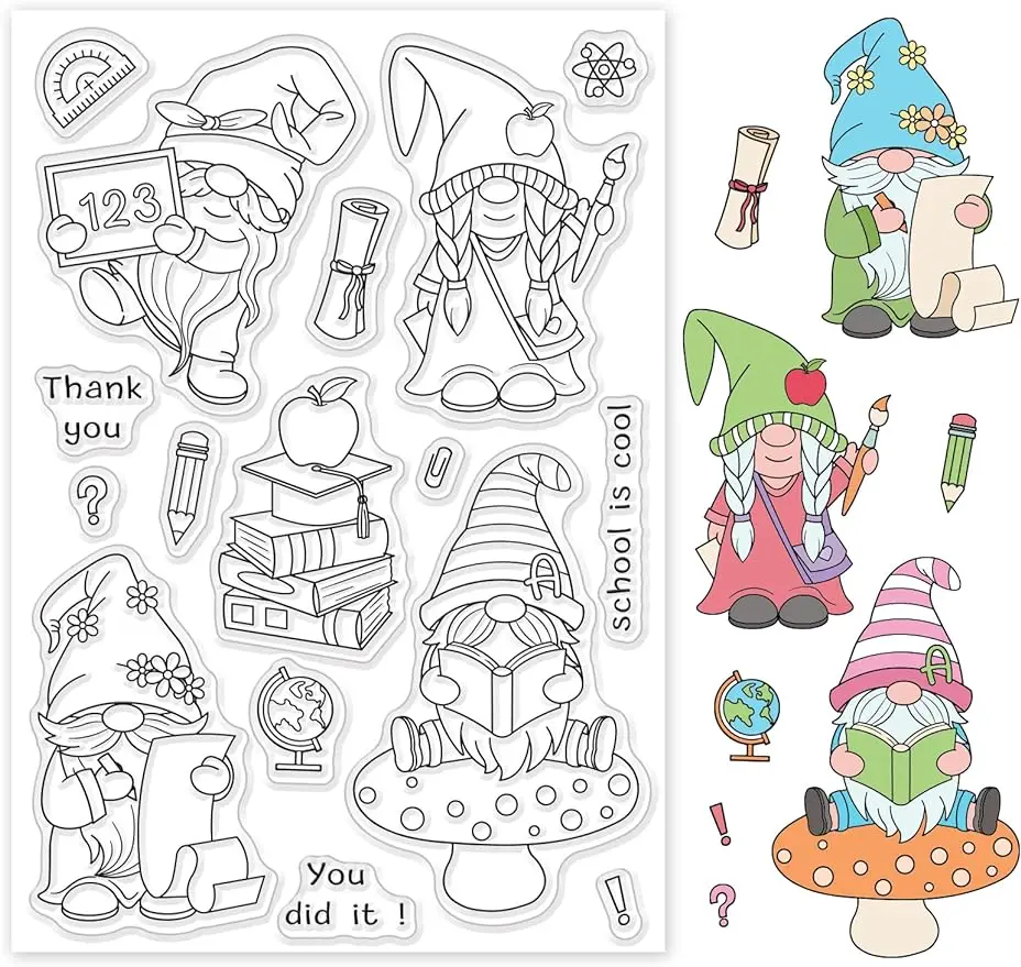 Gnome Silicone Clear Stamps School Transparent Stamps for Holiday Greeting Cards Diary Joural Making DIY Scrapbooking Photo