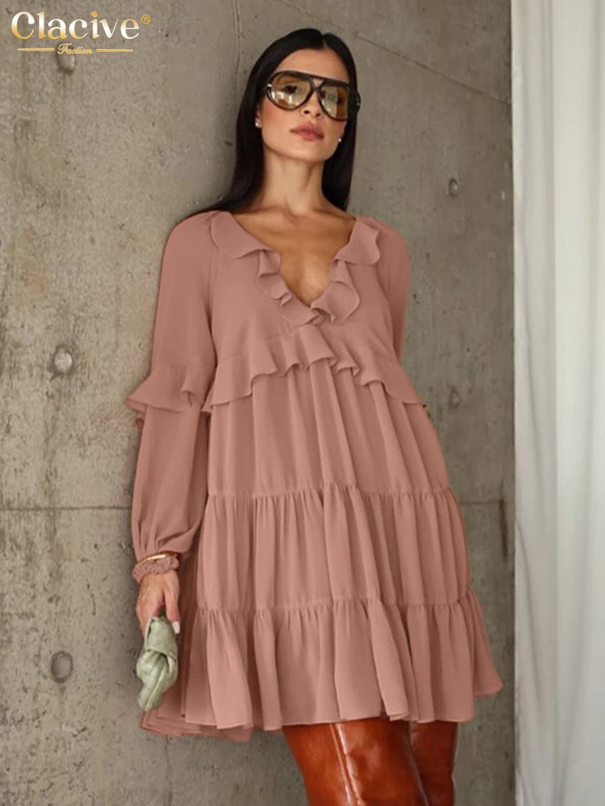 

Clacive Fashion Loose Pink Women's Dress 2025 Sexy V-Neck Long Sleeve Mini Dresses Elegant Classic Ruffle Solid Female Dress