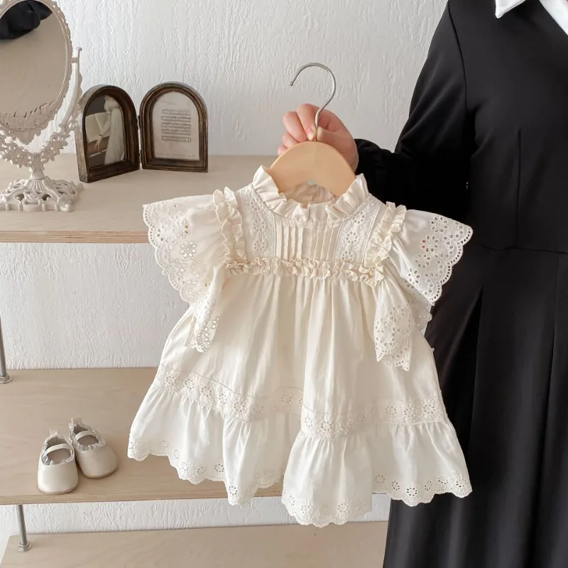 Summer Newborn Infant Baby Girls Lace Dresses Muslin Puff Sleeve Casual Cotton Loose Dress Kids Fashion Daily Baby Clothing