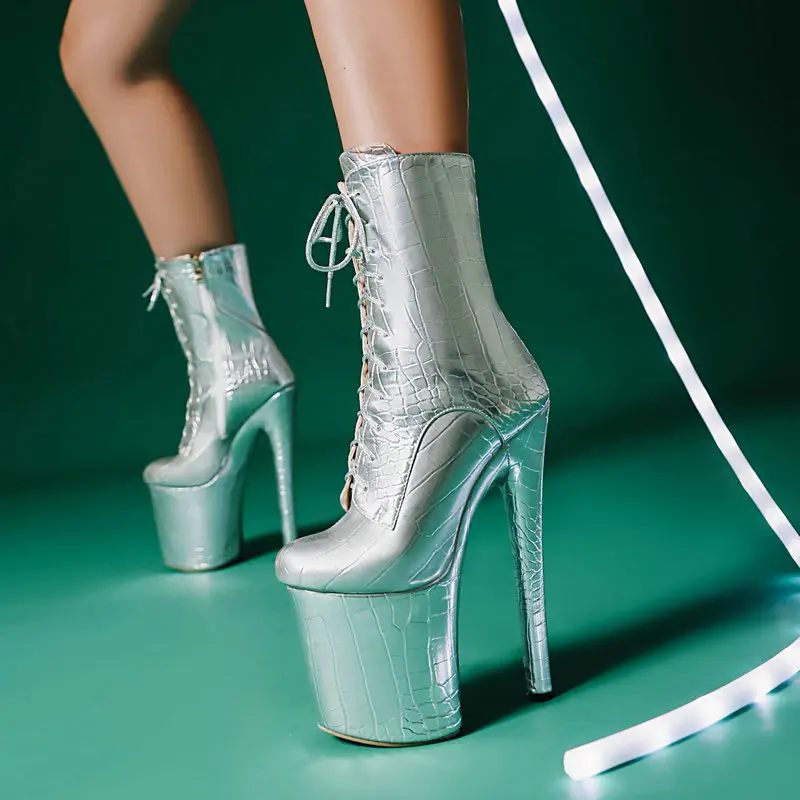 20CM Thin Heel Super High Heel Women's Pole Dancing Shoes Stone Pattern Platform Lace Up Short Boots Nightclub Performance Boots