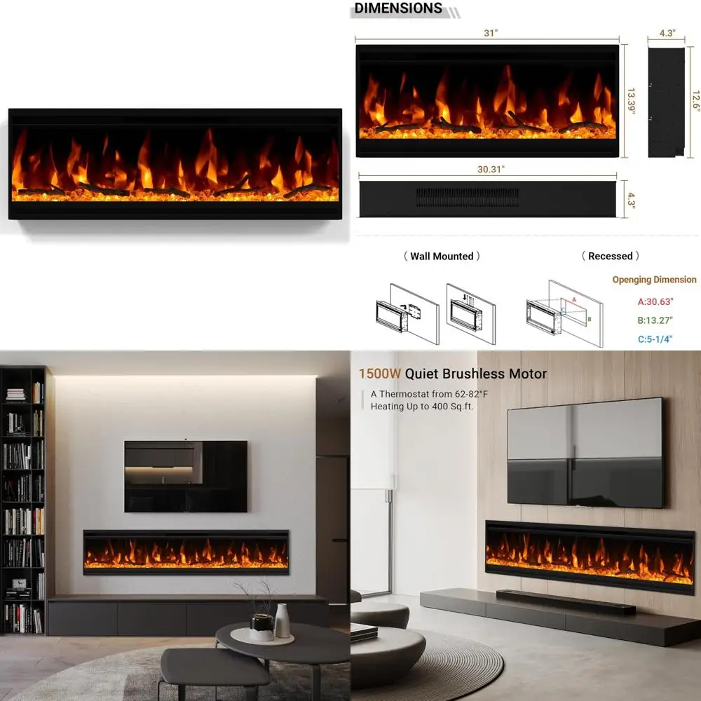 

30 Inch Slimline Wall-Mounted Electric Fireplace with Narrow Frame and Log Display