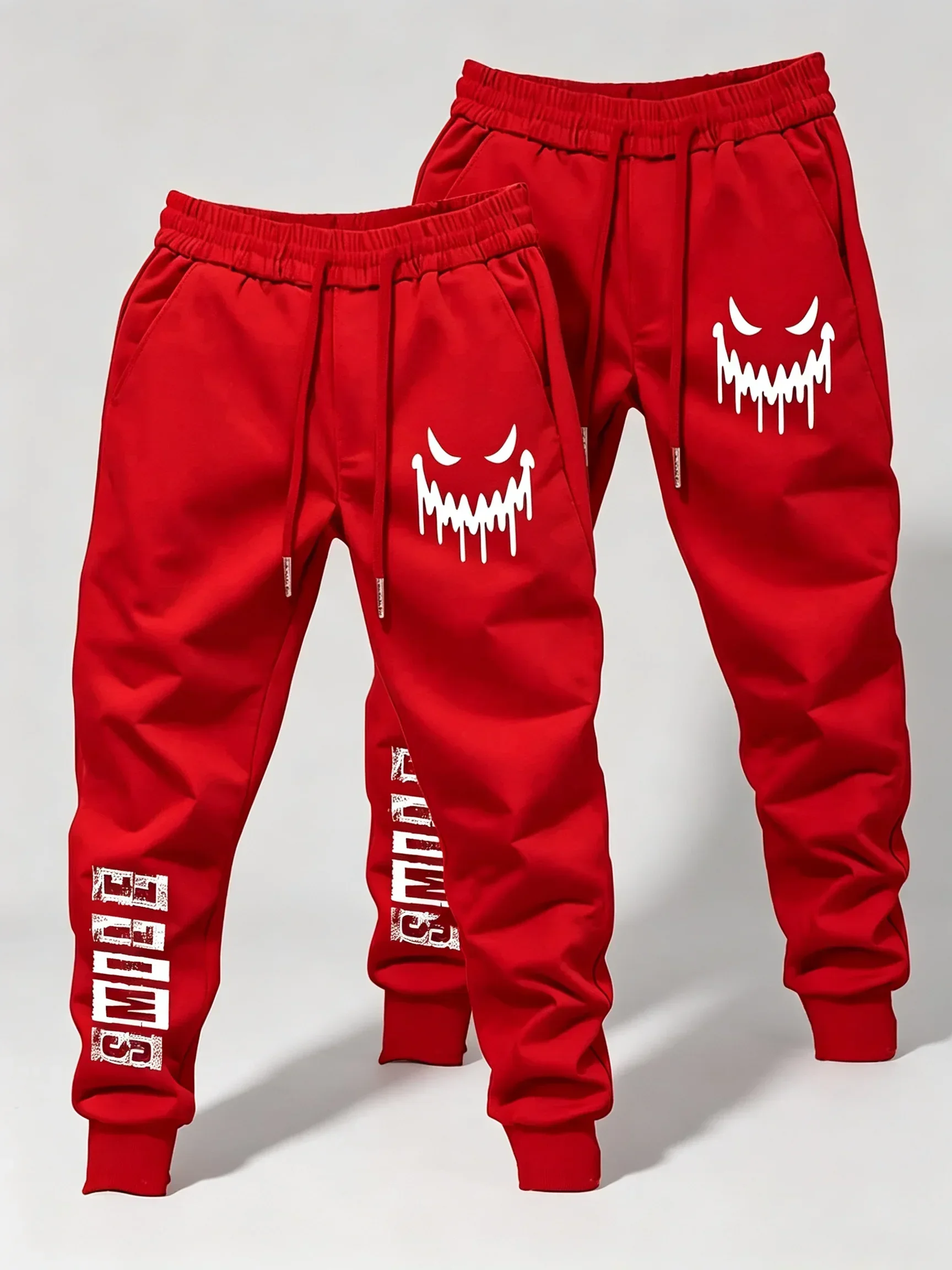 2er-Pack Herren-Freizeit-Jogginghosen mit gruseligem Dämonengesicht-Motiv, elastischem Bund, gerippten Bündchen an den Knöcheln, Streetwear, Lauf- und Fitnesshosen – Detail 9
