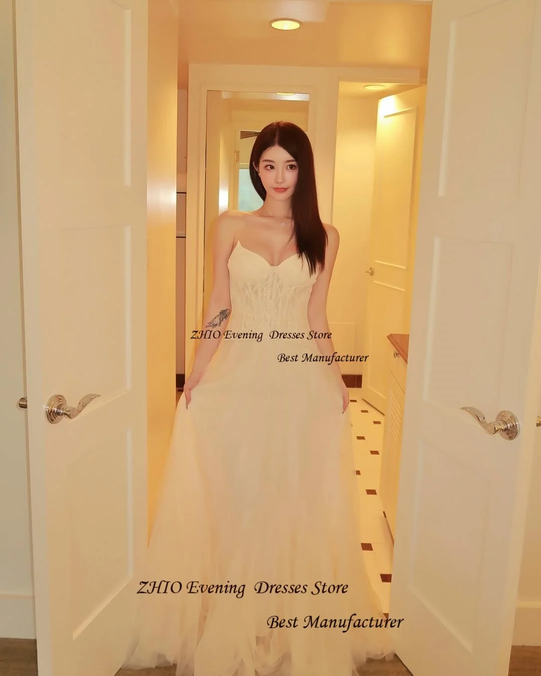 ZHIO Beige Tulle and Lace A Line Sweetheart Korean Wedding Dress Photoshoot Sleeveless Floor Length Formal Bride Gown with Pleat