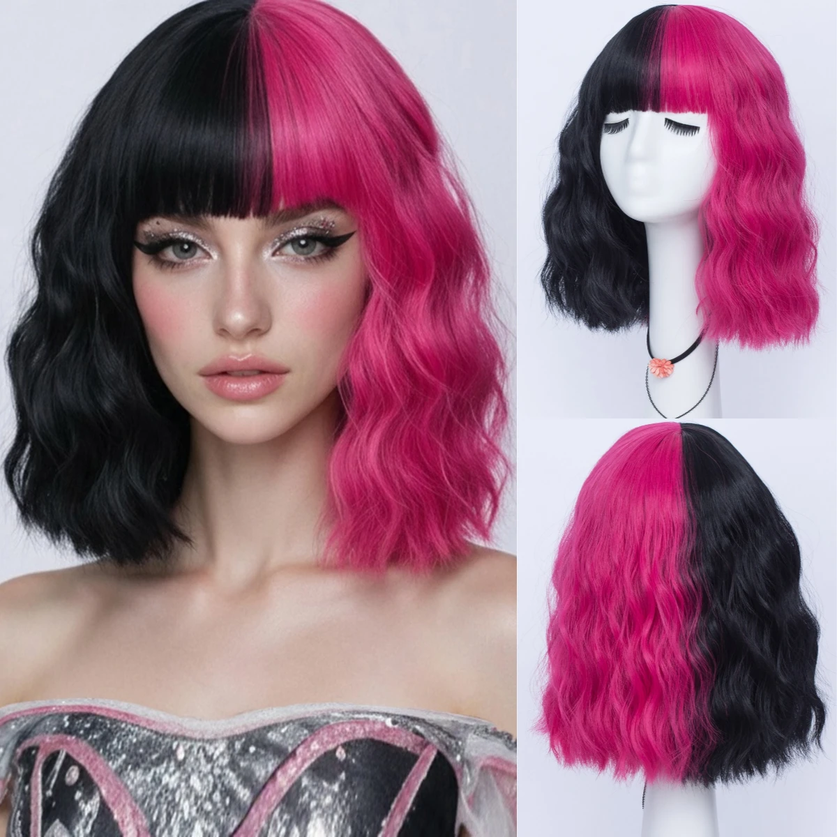 Synthetic Short Curly Black and Rose Red Double Spell Color Wigs with Bangs For Women Cosplay Lolita Christmas Party Fake Hair