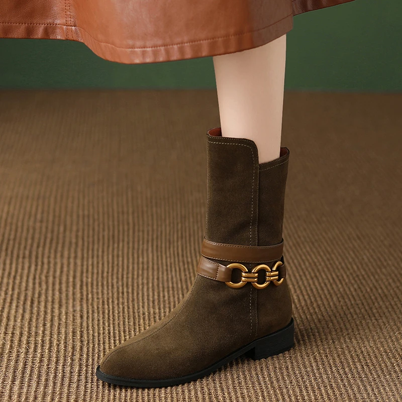 

Fashion Woman Short Boots With Gold Buckle Zippers Ankle Boots Winter Shoes Woman Cow Suede Spring Autumn Botas Daily Shoes