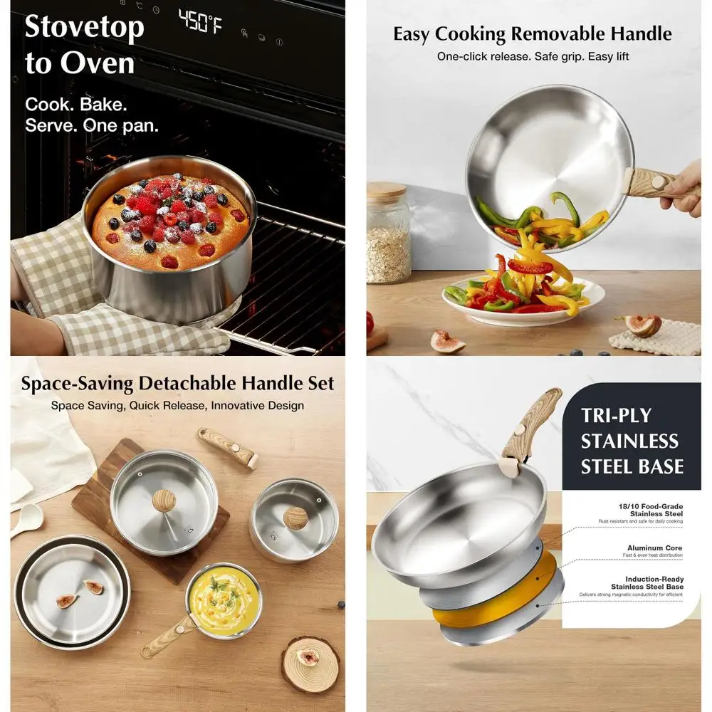 

11-Piece 18/10 Stainless Steel Cookware Set with Detachable Handles for Easy Storage and Induction Compatibility