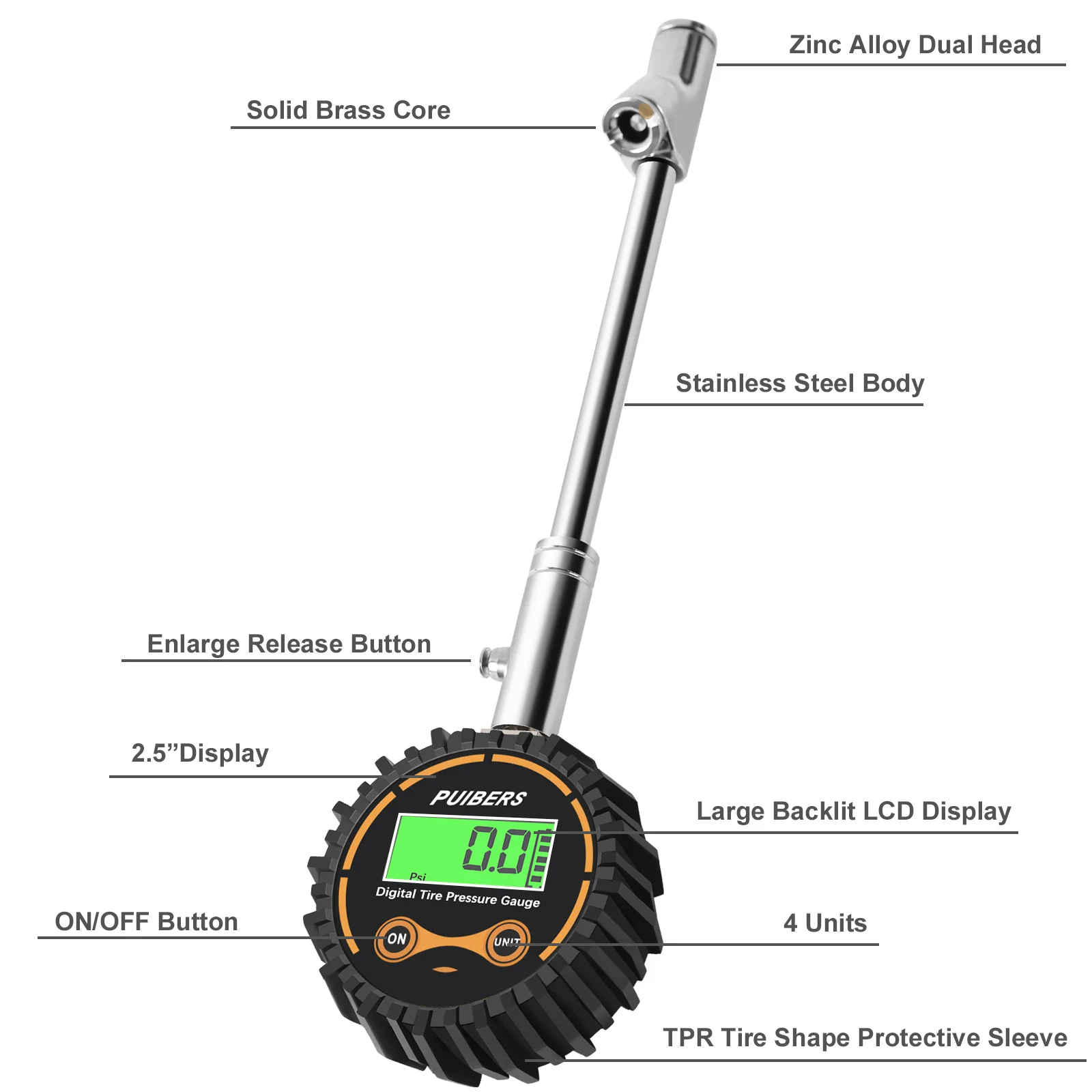 Atsafepro Truck Tire Pressure Gauge 200 PSI with Dual Head Chuck and Backlit LCD Display For Cars, Semi Trucks, SUVs