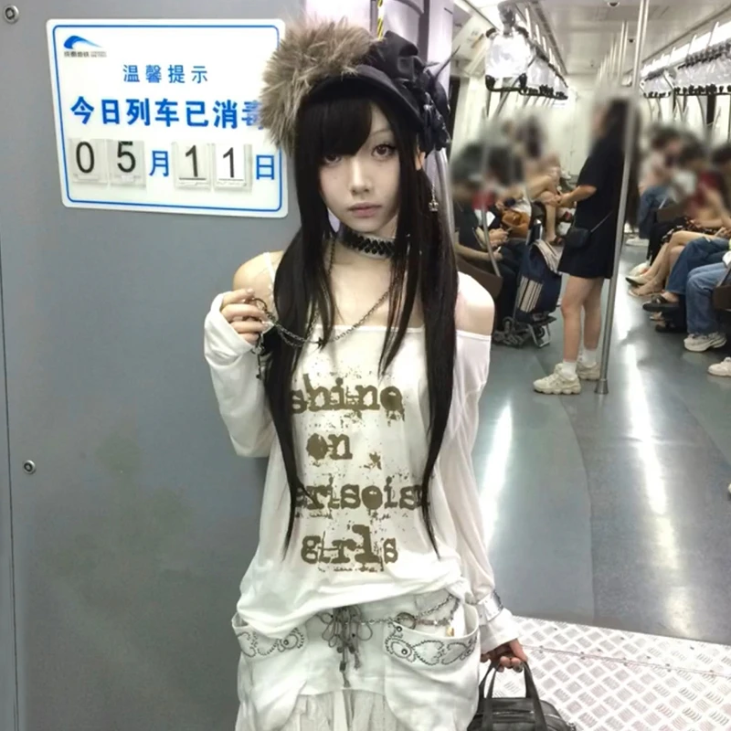 Karrram اليابانية Y2k قبالة الكتف القمم Trashy 2000s نمط إلكتروني تي شيرت مطبوع محبوك خمر Harajuku شير الأعلى الأمريكية الرجعية