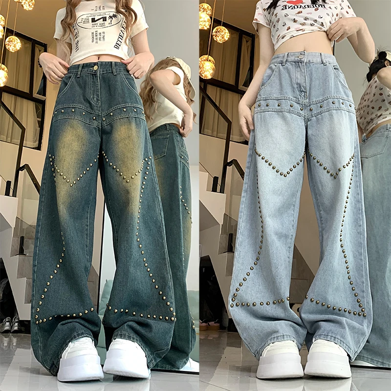 

Woman Y2k Aestheti Wide Leg Jeans Female High Waist American Vintagec Pants Girls Oversized Light Blue Deep Blue Denim Trousers