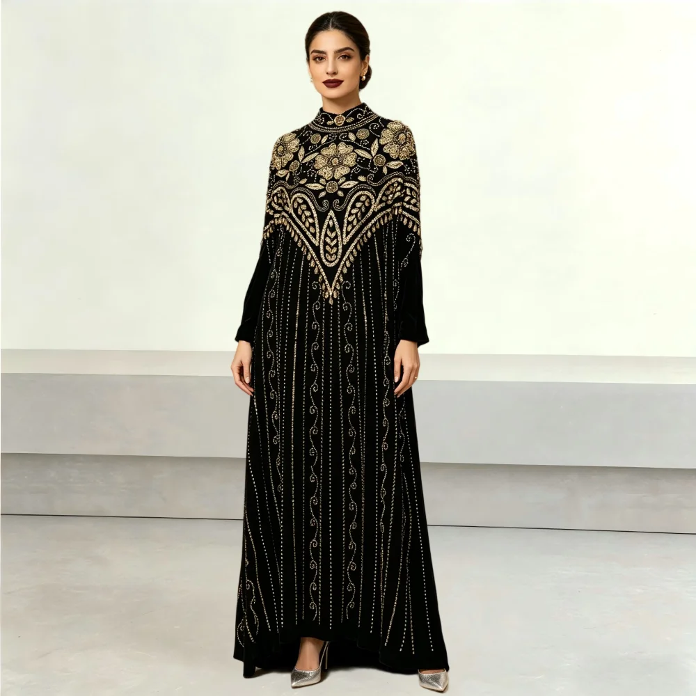 Elegant Black Modest Abaya Gold Beaded Muslim Maxi Dress Long Sleeve Dubai Kaftan for Women Party Formal Occasions Eid Ramadan